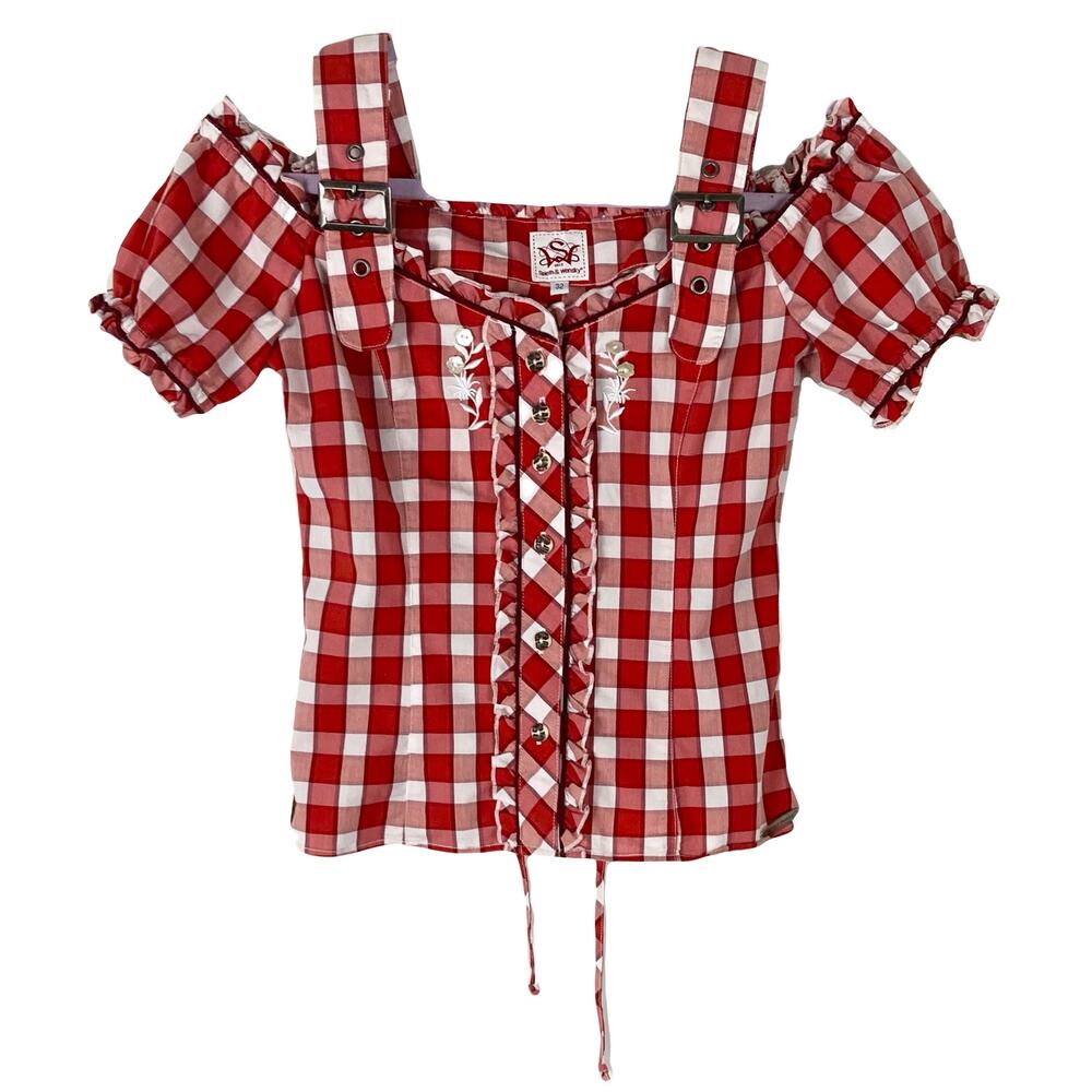 NWOT SPIETH&WENSKY Top 32~XS~S Plaid Oktoberfest Ruffle Embroidery Floral-Button